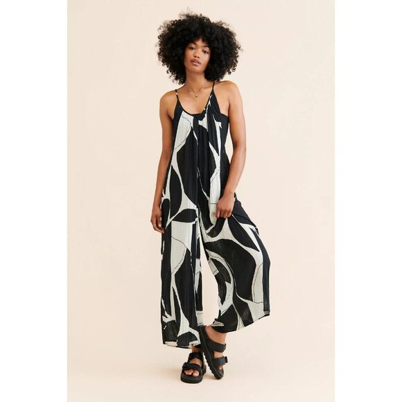 Anthropologie Pants - ANTHROPOLOGIE White Black Sheer Printed Cotton Gauze Wide Leg Jumpsuit, Size L
